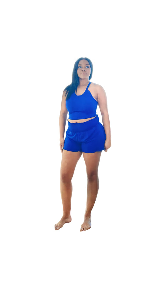 Matching Set Ribbed Crop Tank and Smocked High Waisted Shorts - Bright Blue Two Piece Set Color Flex Boutique