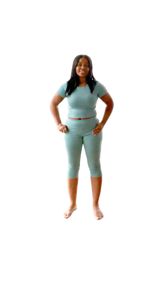 Capri Length Leggings and Matching Padded Sports Bra - Sage Green Two Piece Set Color Flex Boutique
