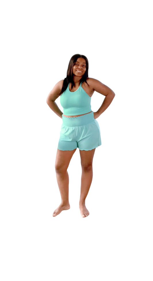 Copy of Matching Set Ribbed Crop Tank and Smocked High Waisted Shorts - Bright Blue Two Piece Set Color Flex Boutique