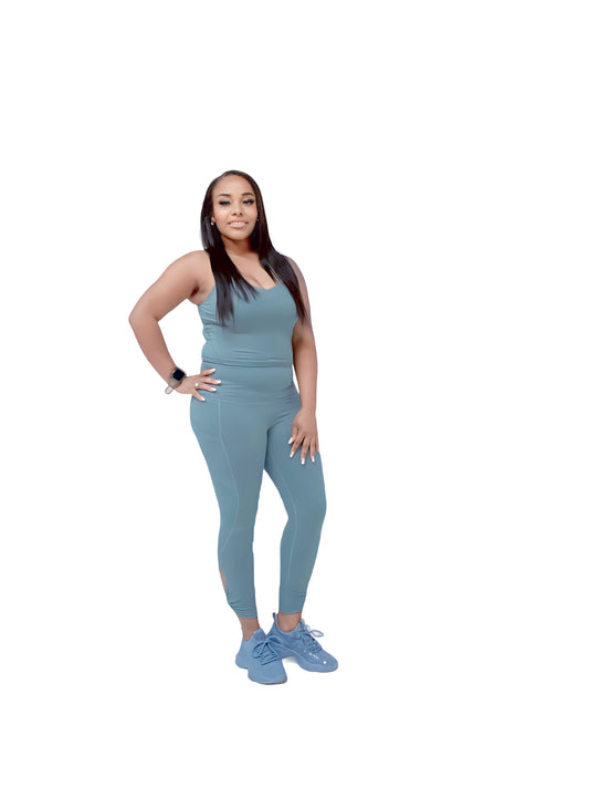 Capri Length Leggings and Matching Padded Sports Bra - Tidewater Teal Two Piece Set Color Flex Boutique